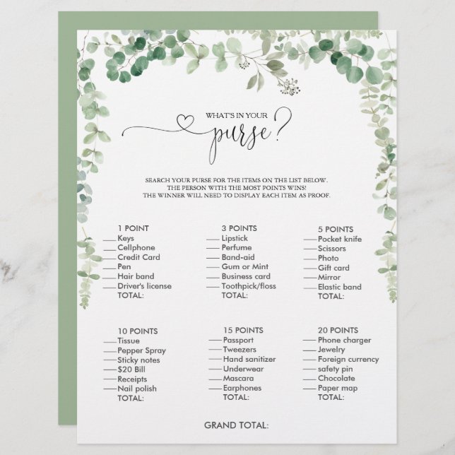 What's in your Purse Script Bridal Shower Game (Front/Back)