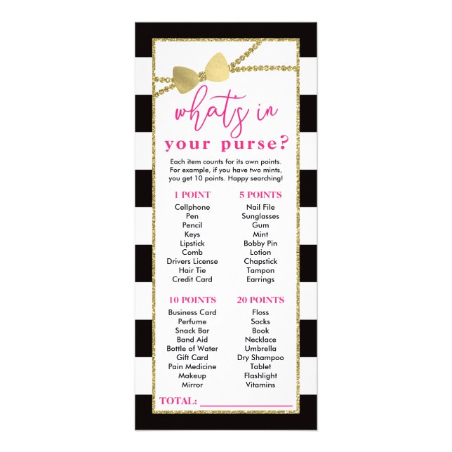 What's In Your Purse? Shower Game, Faux Gold Rack Card (Front)