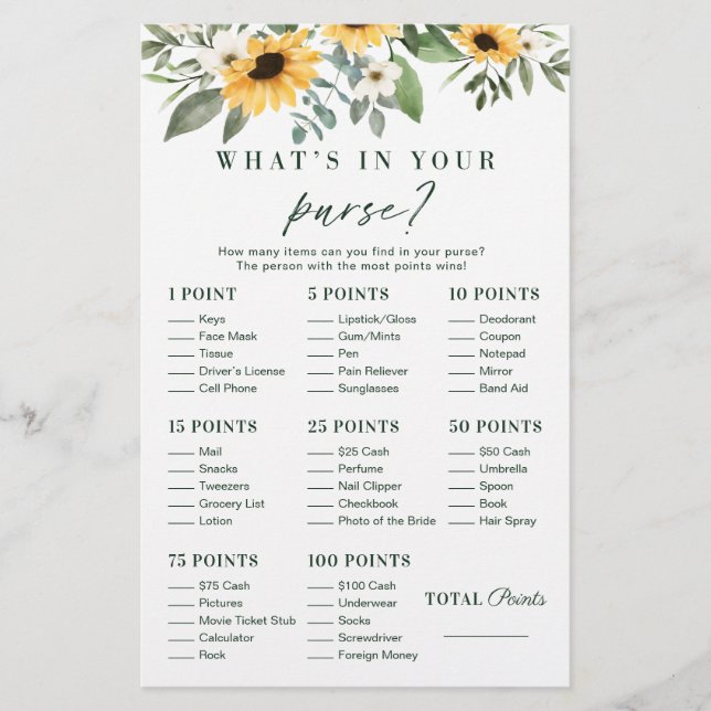 What's in Your Purse? Sunflower Bridal Shower Game (Front)