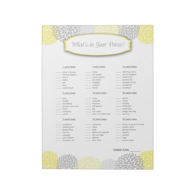 What's in your purse Yellow Grey Grey Dahlia Game Notepad (Rotated)