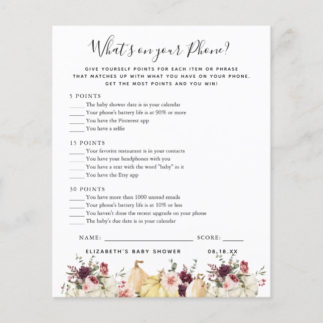 What's On Your Phone | Baby Shower Game (Front)