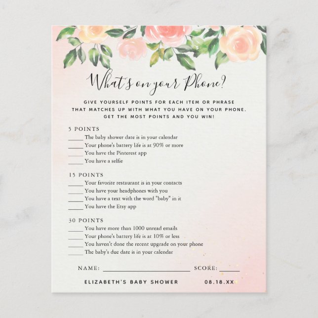 What's On Your Phone | Baby Shower Game (Front)