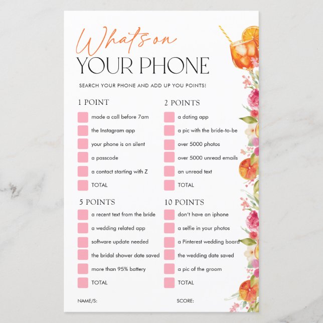 Whats On Your Phone Bridal Shower Game Spritz (Front)