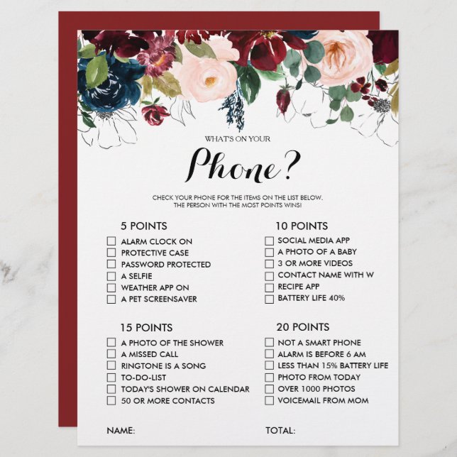 What's on your Phone Floral Bridal Shower Game (Front/Back)