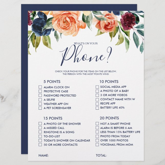 What's on your Phone Floral Bridal Shower Game (Front/Back)