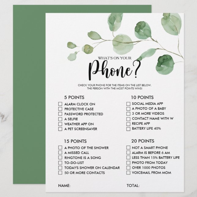 What's on your Phone Minimalist Bridal Shower Game (Front/Back)