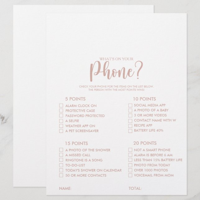 What's on your Phone Rose Gold Bridal Shower Game (Front/Back)