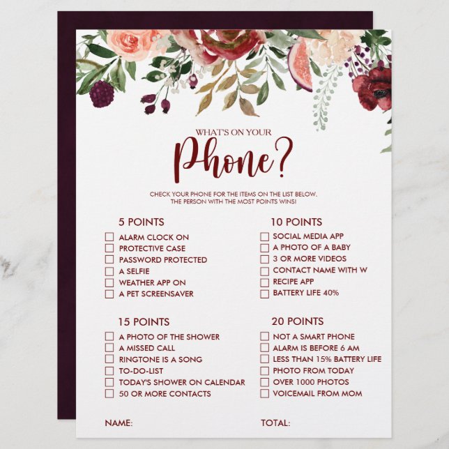 What's on your Phone Rustic Bridal Shower Game (Front/Back)