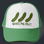 What's the Dill (Deal) Green Kosher Pickle Funny Trucker Hat<br><div class="desc">Features an original marker illustration of a crunchy green dill pickle!

This design is also available on other products. Don't see what you're looking for? Need help with customization? Contact Rebecca to have something designed just for you.</div>