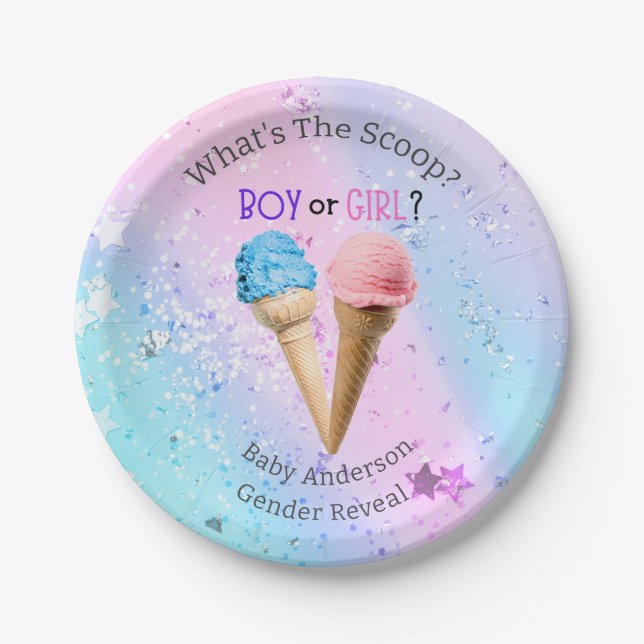 What's The Scoop Gender Reveal Ice Cream Custom Paper Plate (Front)