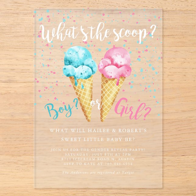 Whats The Scoop Ice Cream Gender Reveal Party Acrylic Invitations (Front)