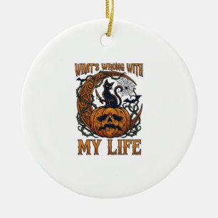 Whats Wrong Life Halloween Black Cat Pumpkin Knife Ceramic Ornament