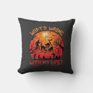 Whats Wrong Life Halloween Black Cats Zombies Grav Throw Pillow