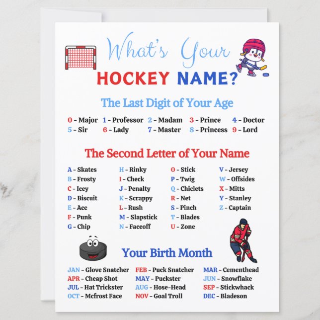 What's Your Hockey Name Game (Front)