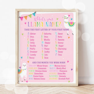 What's Your Llama Name Party Game Poster