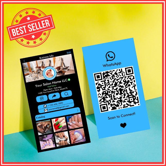 WhatsApp Nail Salon Blue  Social Media QR Code Business Card (Creator Uploaded)
