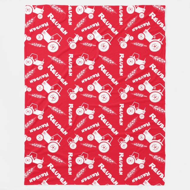 Wheat farm stylized tractor graphic name red white fleece blanket (Front)
