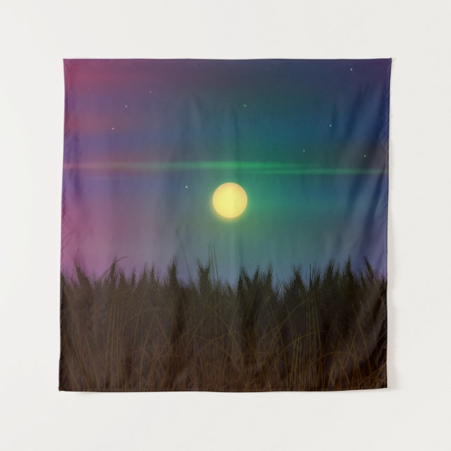 Wheat Field Night sky and moon Oil Painting Summer Tapestry (Front)
