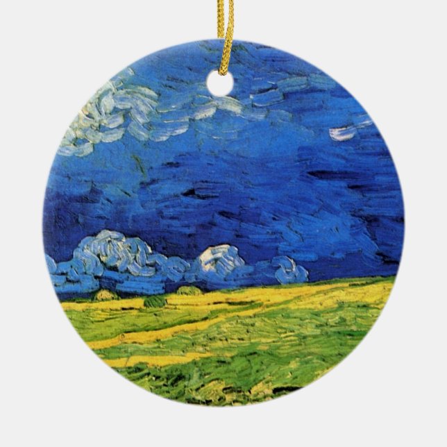 Wheat Field Under Clouded Sky by Vincent van Gogh Ceramic Ornament (Front)