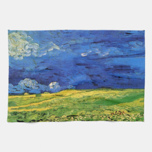 Wheat Field Under Clouded Sky by Vincent van Gogh Kitchen Towel