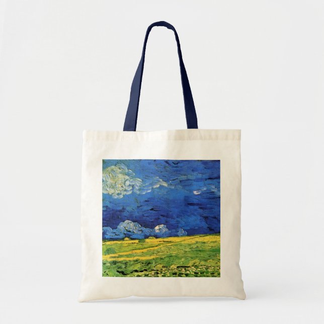 Wheat Field Under Clouded Sky by Vincent van Gogh Tote Bag (Front)