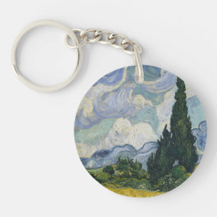 Wheat Field with Cypresses, Oil Painting, Van Gogh Keychain