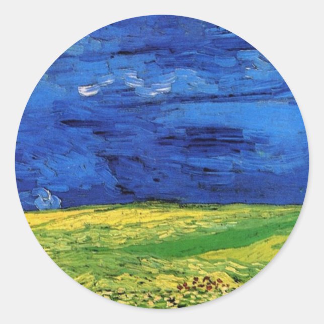 Wheat Fields Under Clouded Sky Van Gogh Classic Round Sticker (Front)