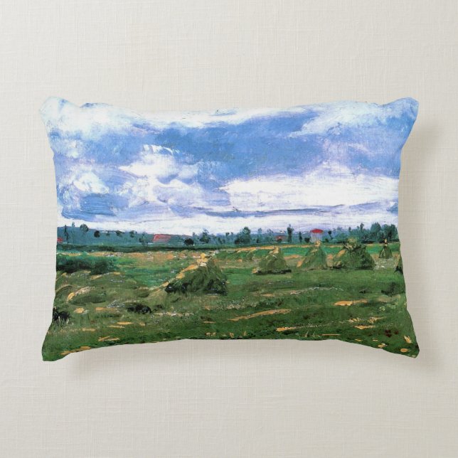 Wheat Fields with Haystacks by Vincent van Gogh Accent Pillow (Front)