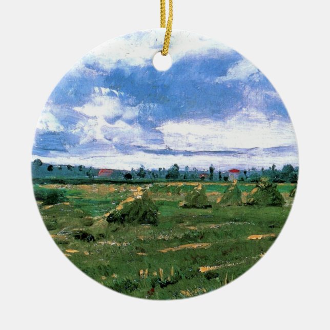 Wheat Fields with Haystacks by Vincent van Gogh Ceramic Ornament (Front)