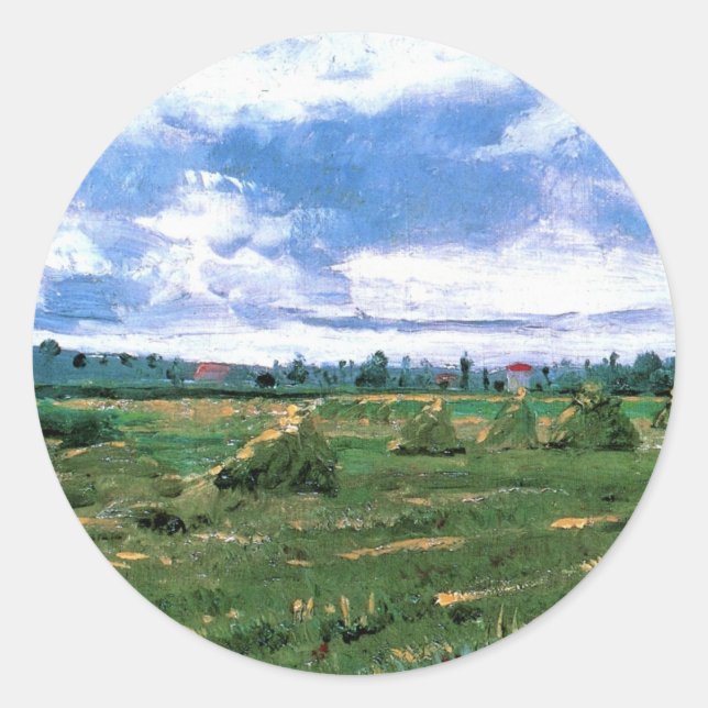 Wheat Fields with Haystacks by Vincent van Gogh Classic Round Sticker (Front)