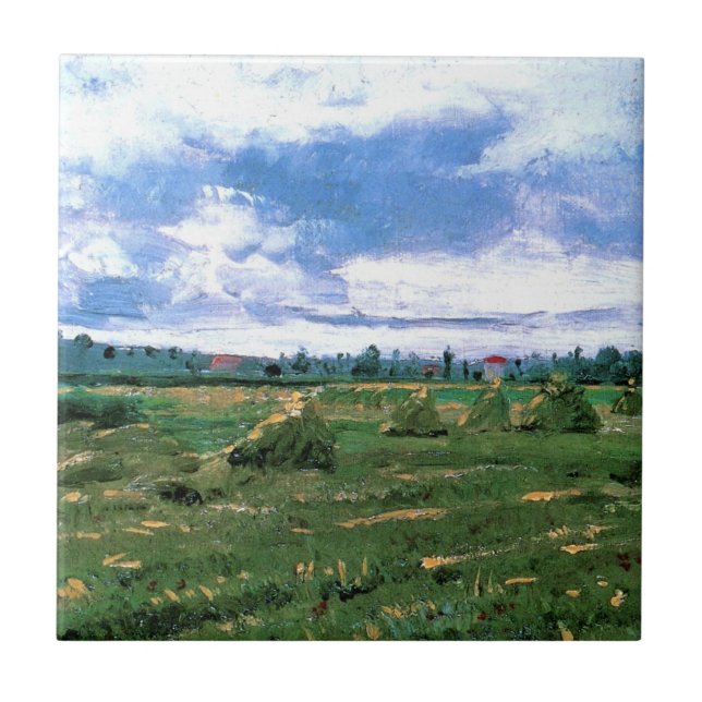 Wheat Fields with Haystacks by Vincent van Gogh Tile (Front)