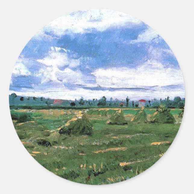 Wheat Fields with Stacks, Vincent van Gogh Classic Round Sticker (Front)
