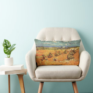Wheat Stacks with Reaper by Vincent van Gogh Lumbar Pillow