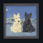 Wheaten Black Scotties Christmas Keepsake Box<br><div class="desc">Scottish Terriers out on a crisp December evening, admiring the Christmas star high in the arc of sky above them! A Scotty Dog Christmas Wish for blessings on all. Come visit Maggie Ross Scotties shop and see this plus over 400 other seasonal designs created from my original artwork on clothing,...</div>