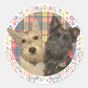 Wheaten & Black Scotties on Tartan Classic Round Sticker