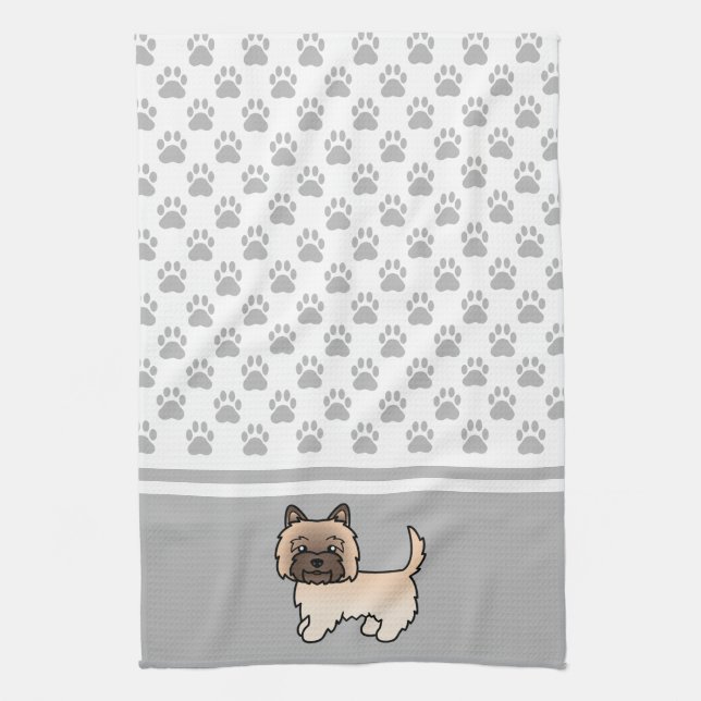 Wheaten Cairn Terrier Dog & Grey Paws Pattern Kitchen Towel (Vertical)