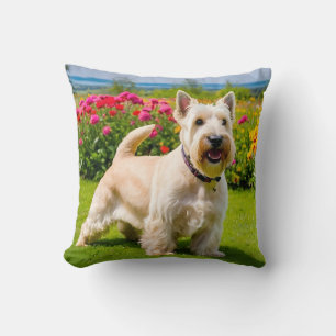 Wheaten Scottish Terrier playing in Flowers Grass Throw Pillow