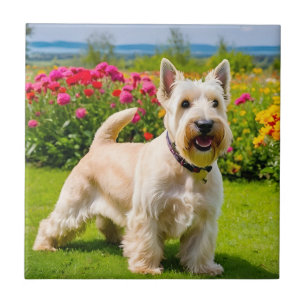 Wheaten Scottish Terrier playing in Flowers Grass Tile