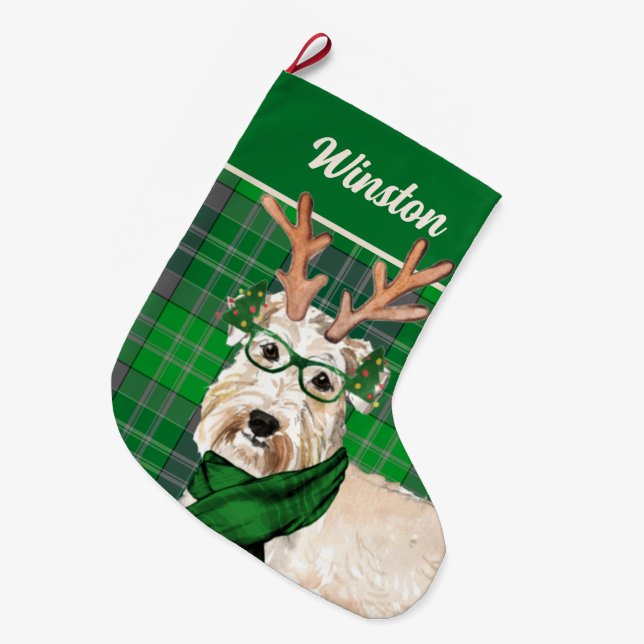 Wheaten Terrier and Green Plaid with Dog's Name Large Christmas Stocking (Front (Hanging))