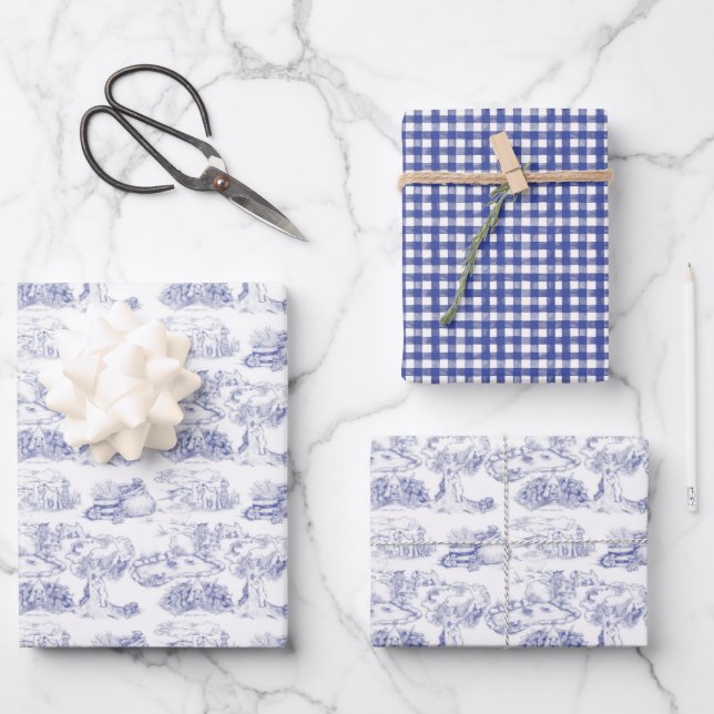 WHEATEN Terrier Blue Toile Wrapping Paper Sheet (Front)