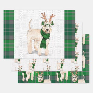 Wheaten Terrier Christmas Dog and Green Plaid Wrapping Paper Sheet