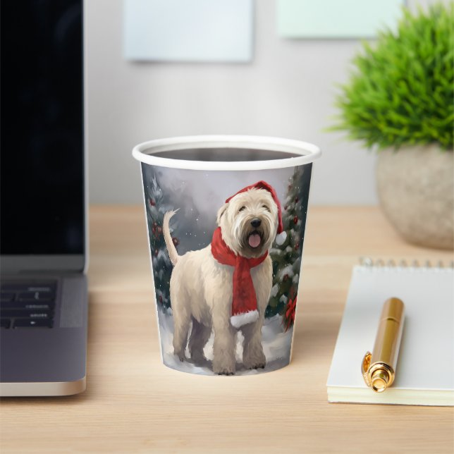 Wheaten Terrier Dog in Snow Christmas Paper Cups (Insitu)