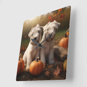 Wheaten Terrier Puppy Autumn Delight Pumpkin Square Wall Clock