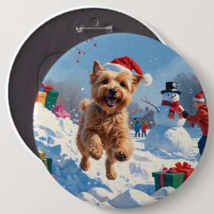 Wheaten Terrier Running in Snow with Christmas Hat 6 Inch Round Button
