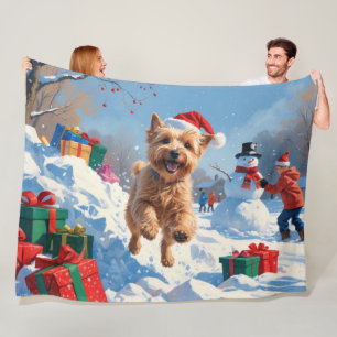 Wheaten Terrier Running in Snow with Christmas Hat Fleece Blanket
