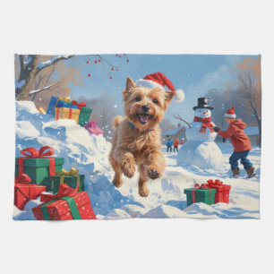 Wheaten Terrier Running in Snow with Christmas Hat Kitchen Towel