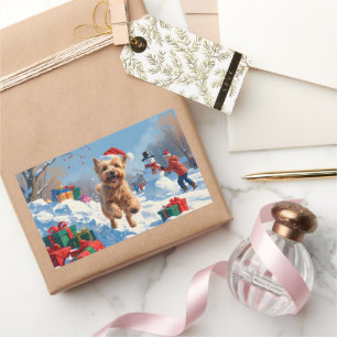 Wheaten Terrier Running in Snow with Christmas Hat Sticker