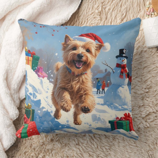 Wheaten Terrier Running in Snow with Christmas Hat Throw Pillow (Blanket)