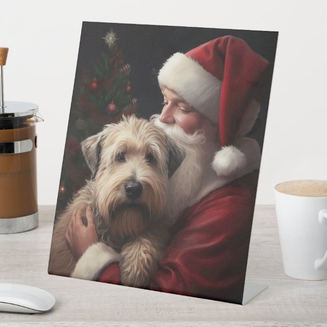 Wheaton Terrier With Santa Claus Festive Christmas Pedestal Sign (In SItu)