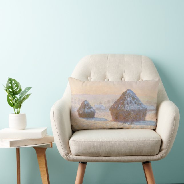 Wheatstacks, Snow Effect, Morning, by Claude Monet Lumbar Pillow (Chair)